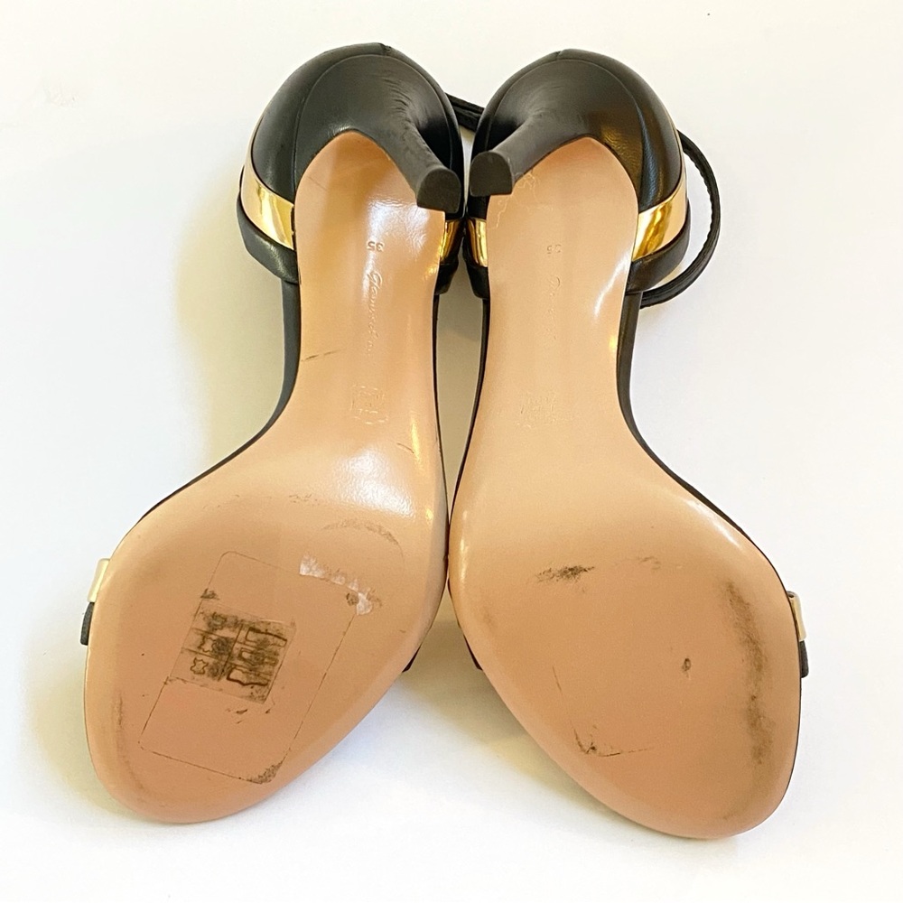 GIANVITO ROSSI BLACK GOLD LEATHER ANKLE STRAP OPEN TOE STILETTO HIGH HEELS - Picture 7 of 9